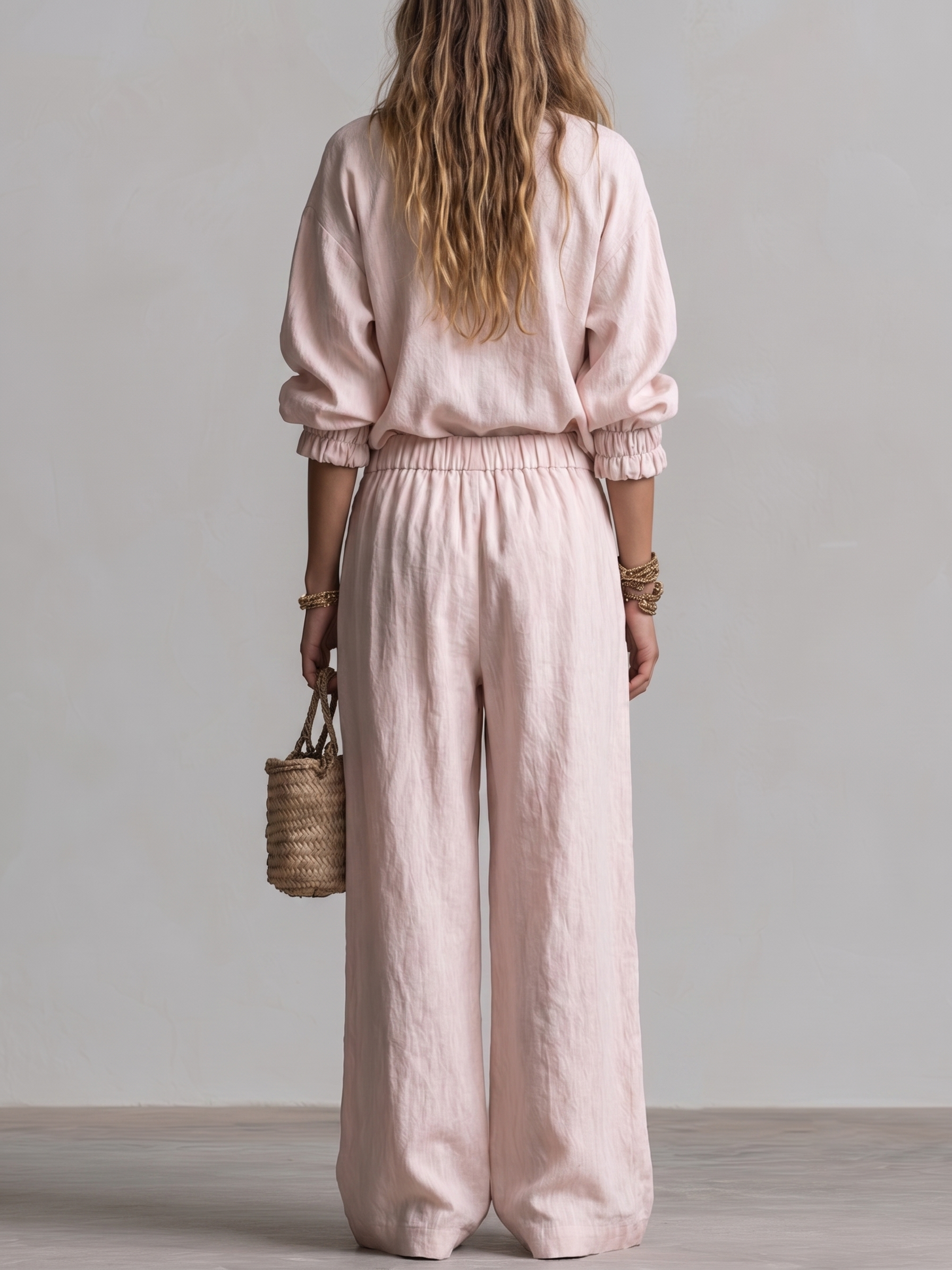 Pink V-neck Loose Shirt And High-waisted Wide-leg Pants Set