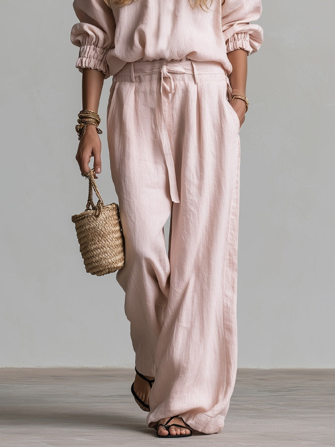 Pink V-neck Loose Shirt And High-waisted Wide-leg Pants Set