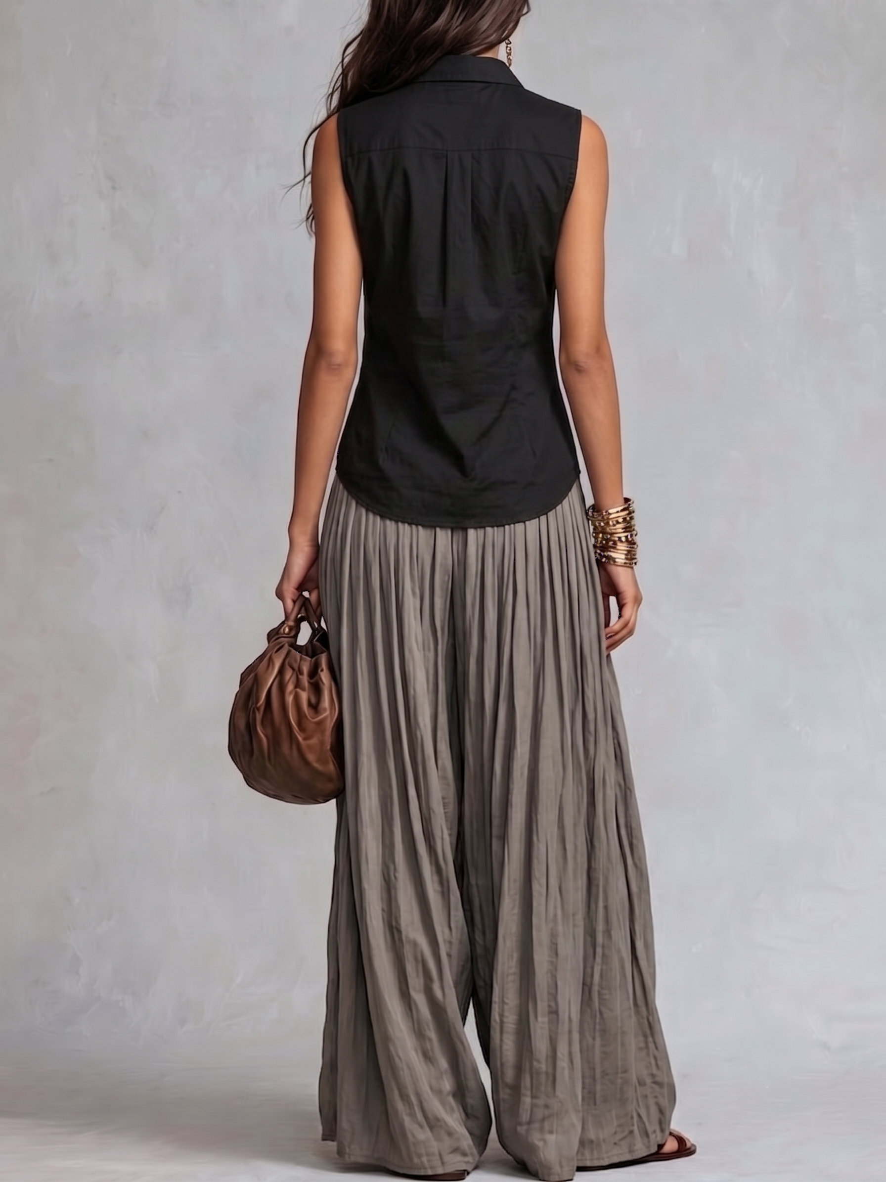 Black Sleeveless Ruffled Blouse And Gray Wide-leg Pants Suit