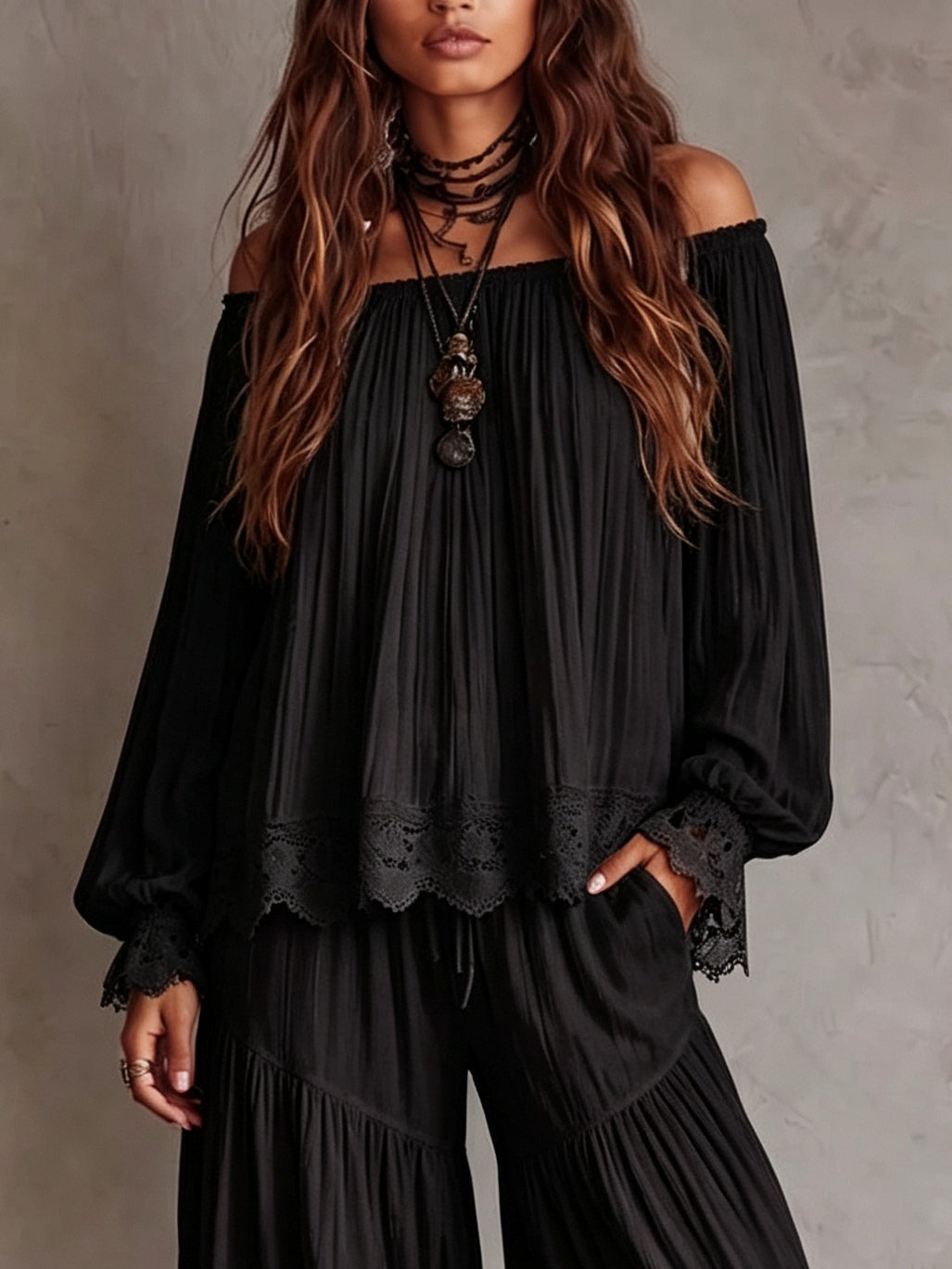Black Off-shoulder Lace-trimmed Top And Harem Pants Two-piece Set