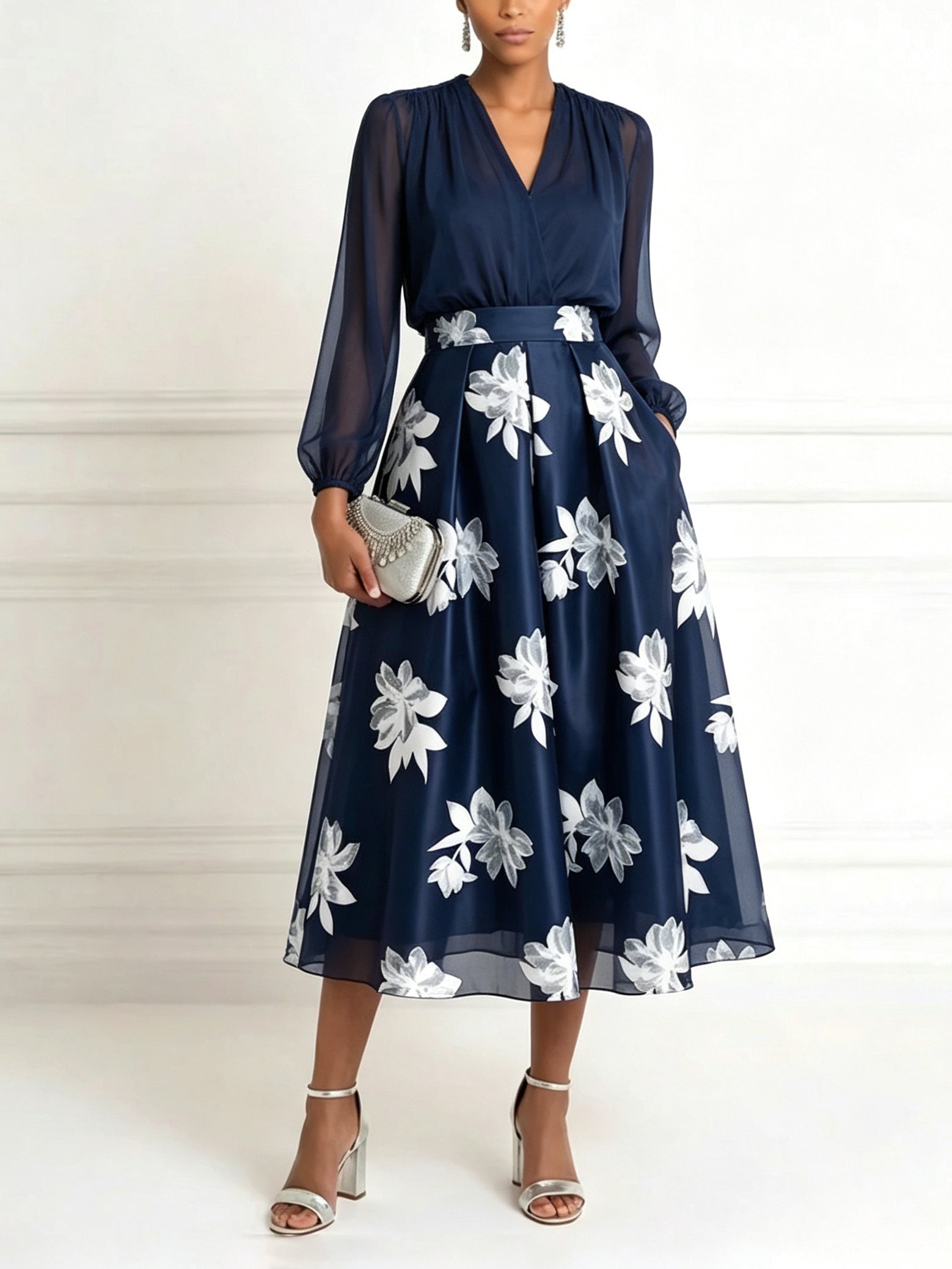 Navy Chiffon V-neck Top And High-waisted A-line Floral Skirt Set
