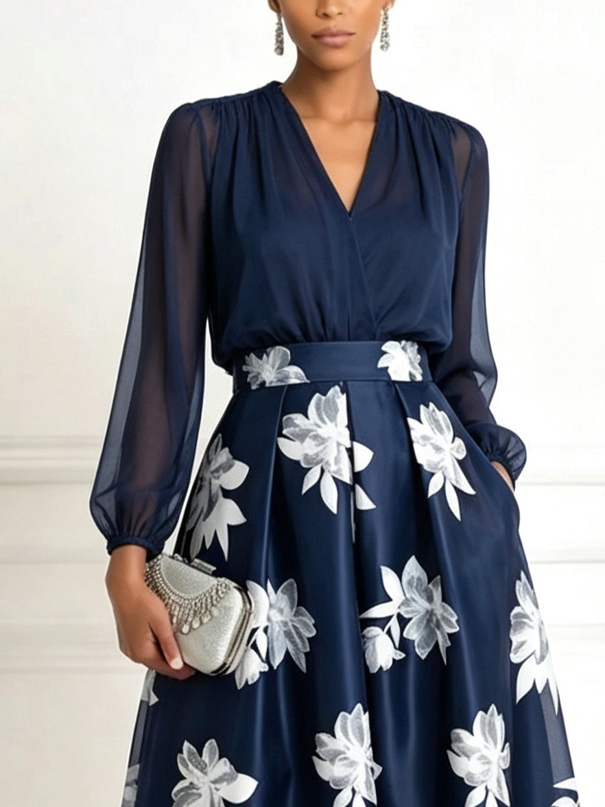 Navy Chiffon V-neck Top And High-waisted A-line Floral Skirt Set