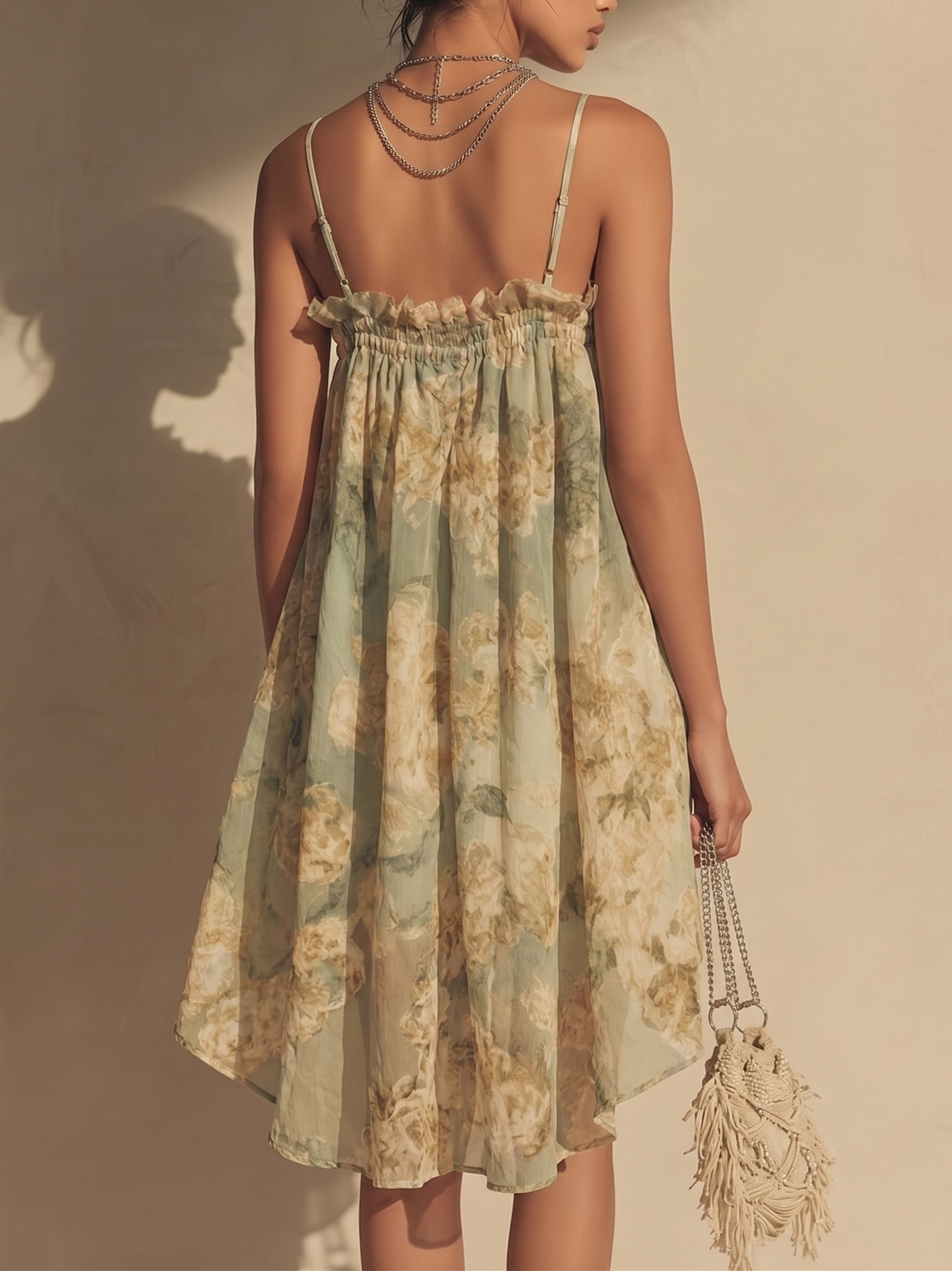 Green Floral Chiffon Ruffled Irregular Strap Dress