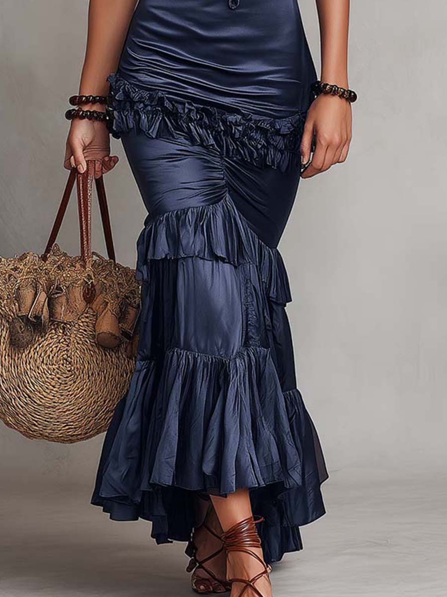 Navy Blue V-neck Satin Layered Ruffle Maxi Dress