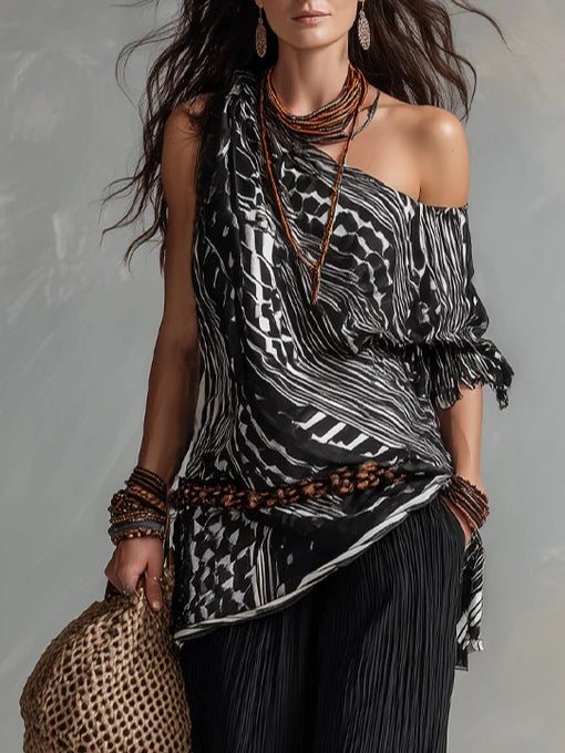 Off-the-shoulder Black White Printed Top And Black Pleated Wide-leg Pants Suit(without belt)