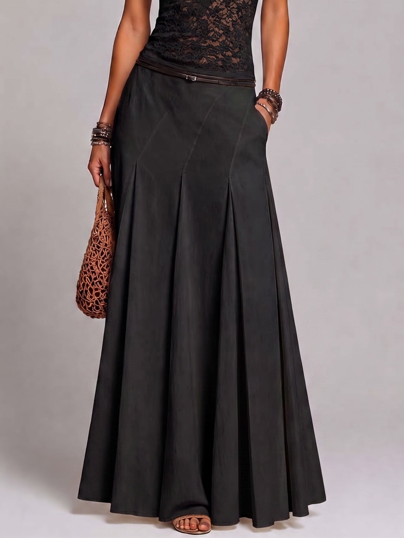 Black Lace Vest And Pleated A-line Maxi Skirt Two-piece Set(with belt)