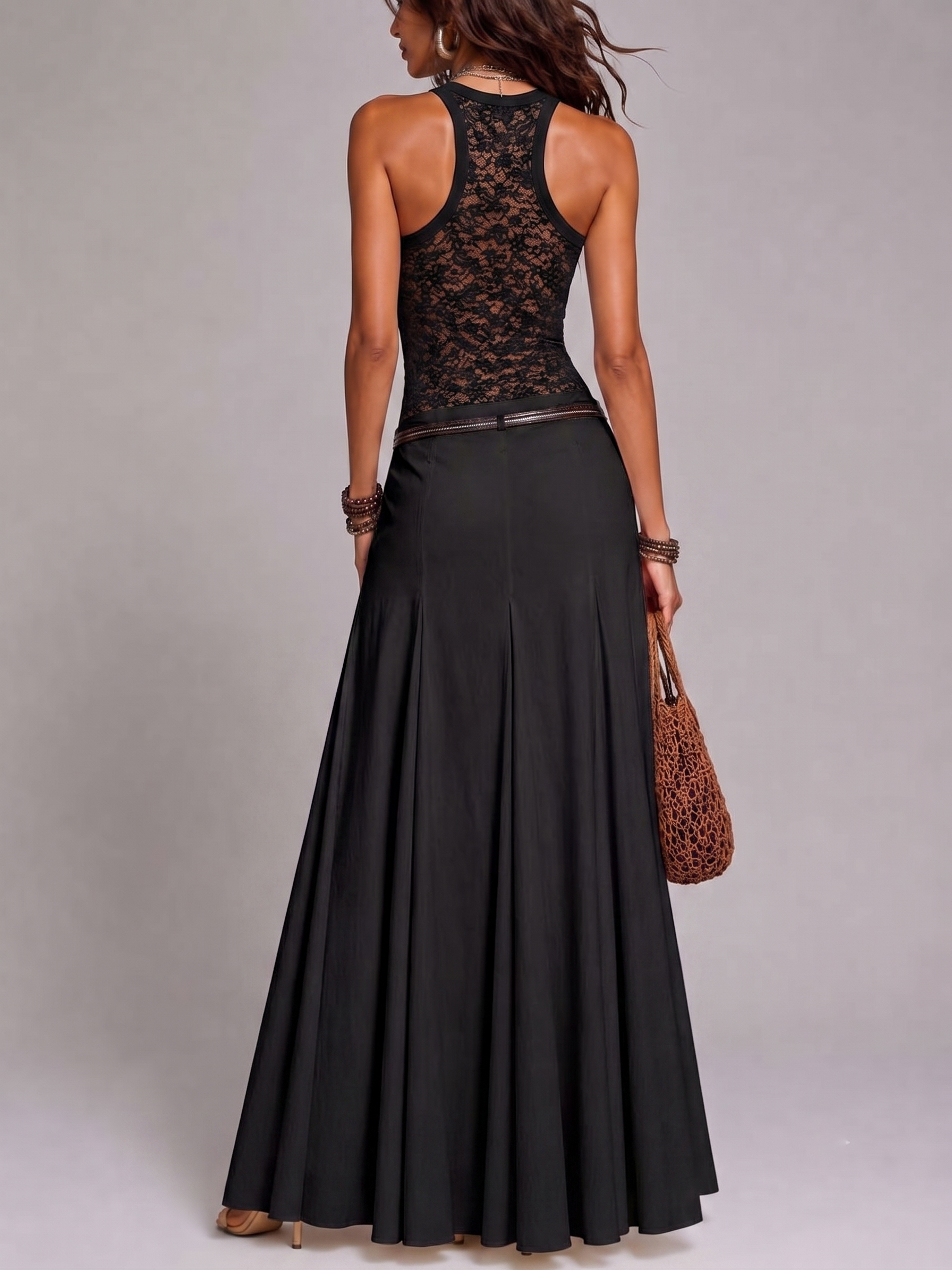 Black Lace Vest And Pleated A-line Maxi Skirt Two-piece Set(with belt)
