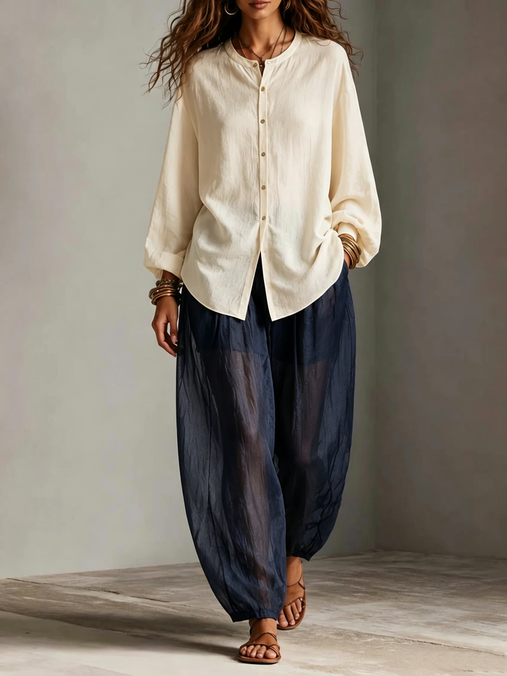 Beige Shirt And Navy Blue Sheer Lantern Wide-leg Pants Two-piece Set