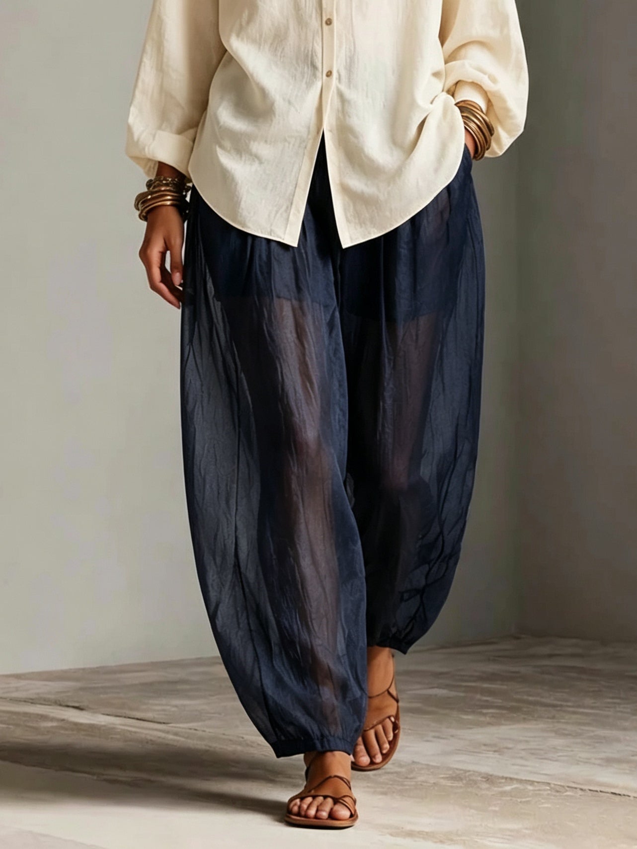 Beige Shirt And Navy Blue Sheer Lantern Wide-leg Pants Two-piece Set