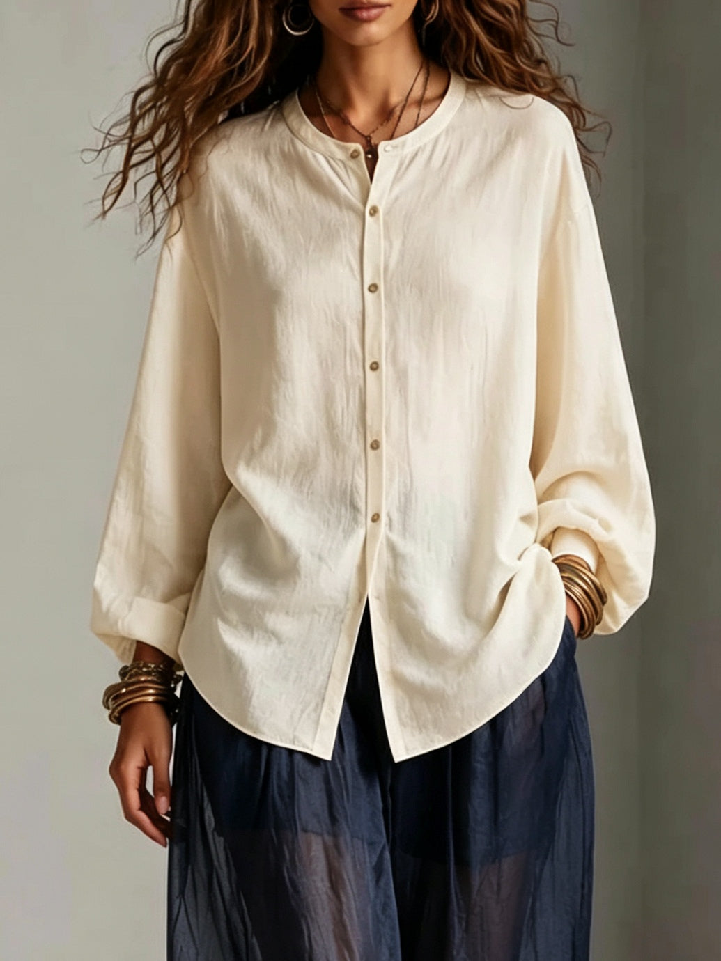 Beige Shirt And Navy Blue Sheer Lantern Wide-leg Pants Two-piece Set