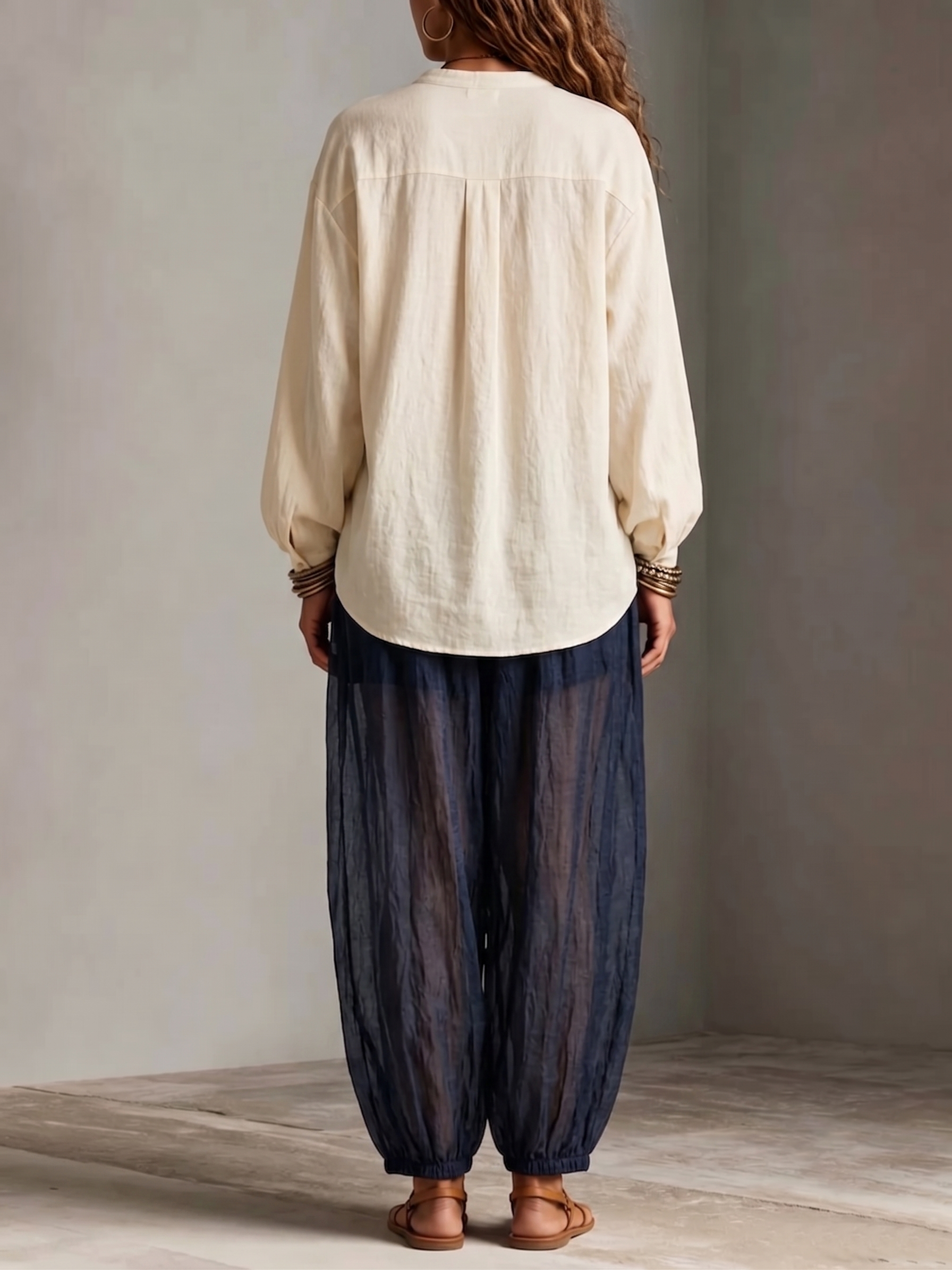 Beige Shirt And Navy Blue Sheer Lantern Wide-leg Pants Two-piece Set