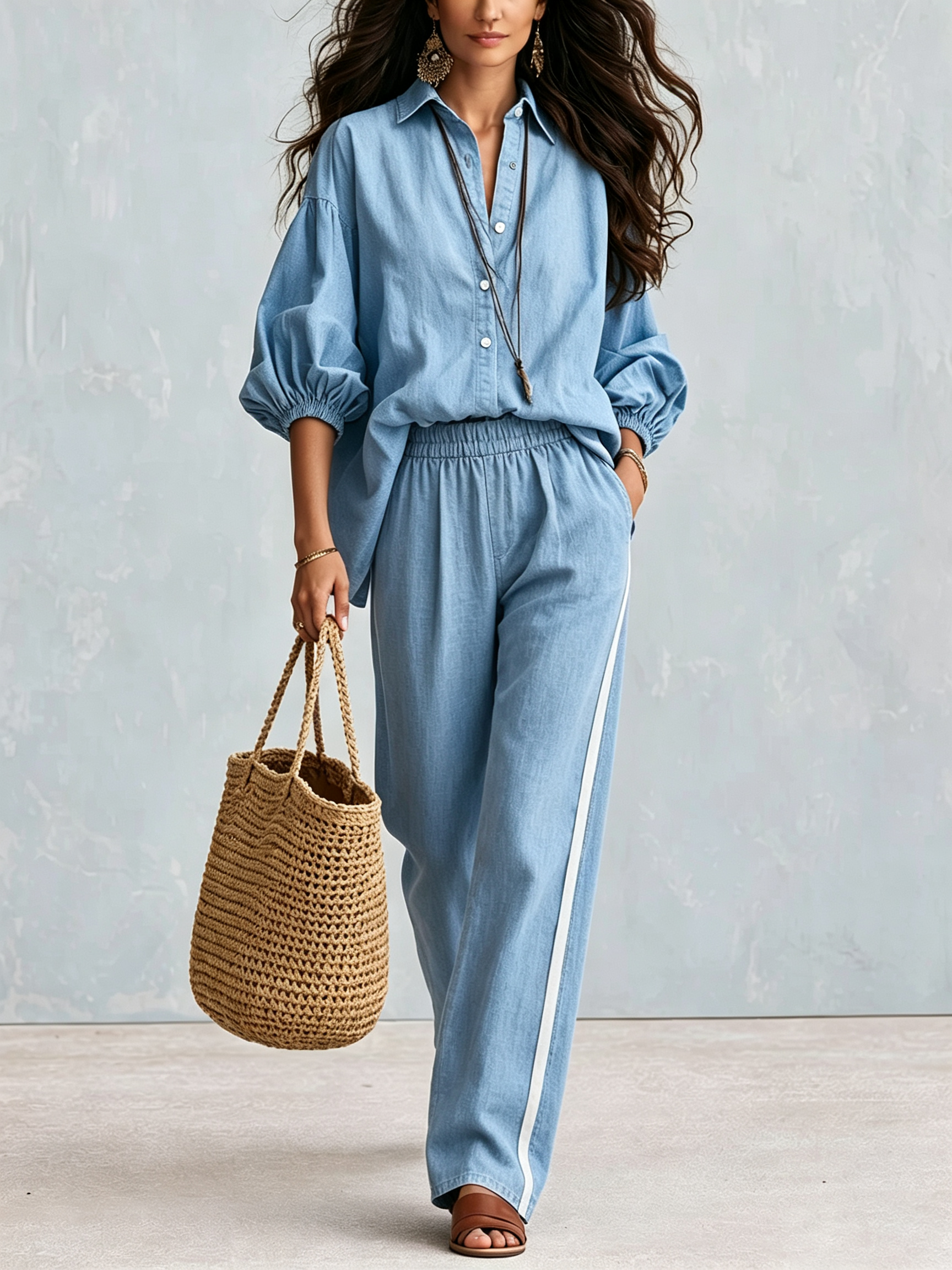 Blue Loose-fitting Shirt And Elastic Waist Wide-leg Pants Suit
