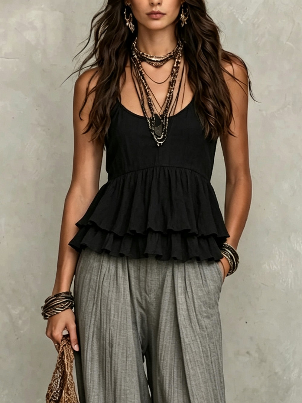 Black Layered Ruffled Sleeveless Top And Gray Wide-leg Pants Suit
