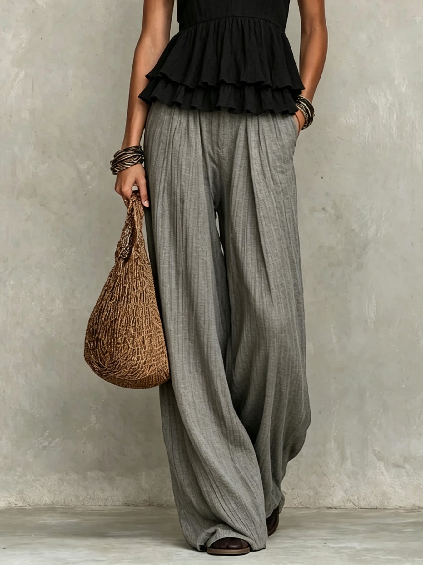 Black Layered Ruffled Sleeveless Top And Gray Wide-leg Pants Suit