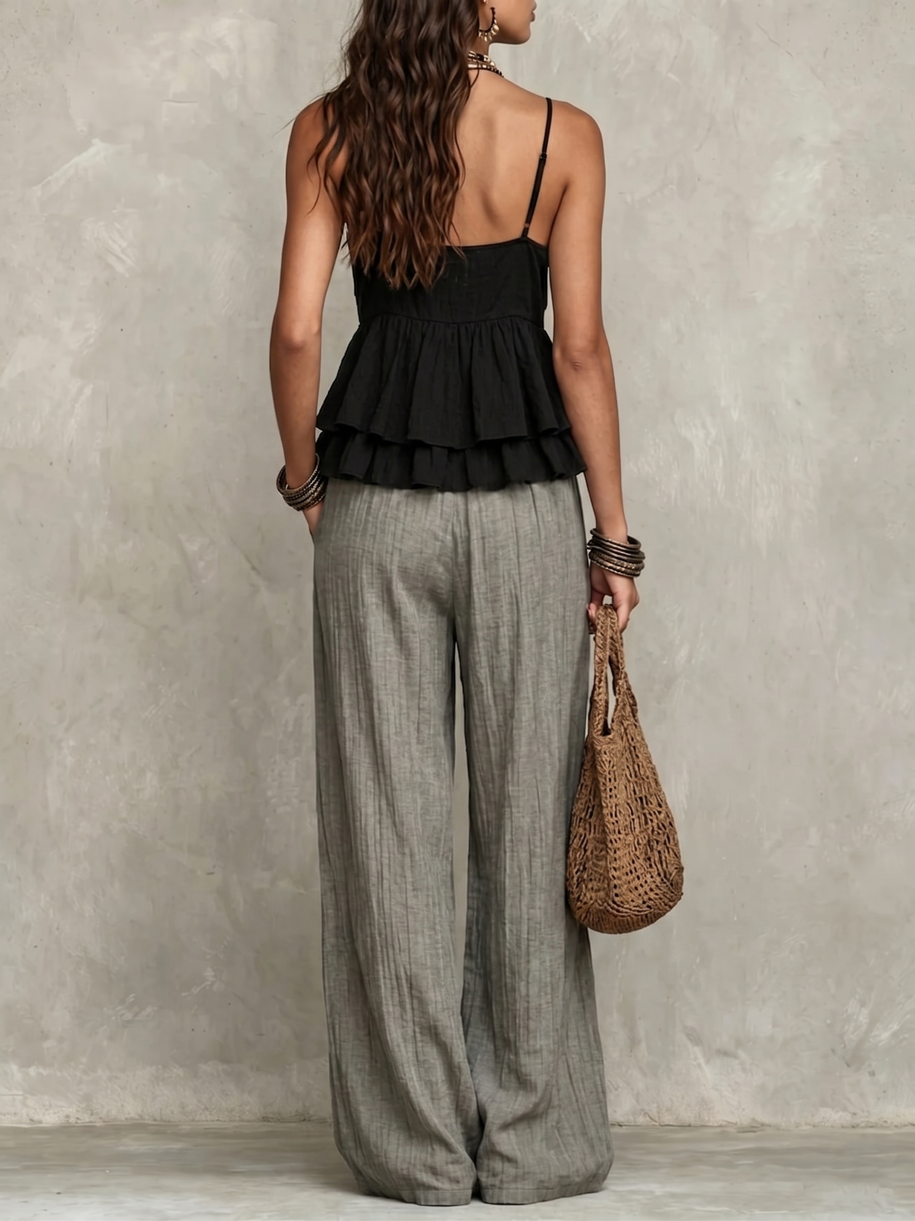 Black Layered Ruffled Sleeveless Top And Gray Wide-leg Pants Suit