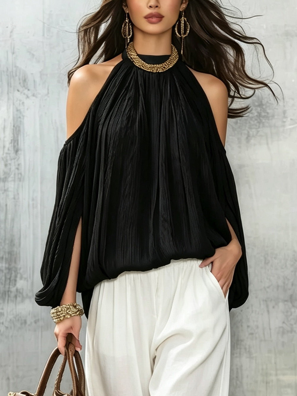 Black Pleated Off-shoulder Top And Loose-fitting Lantern Pants Suit