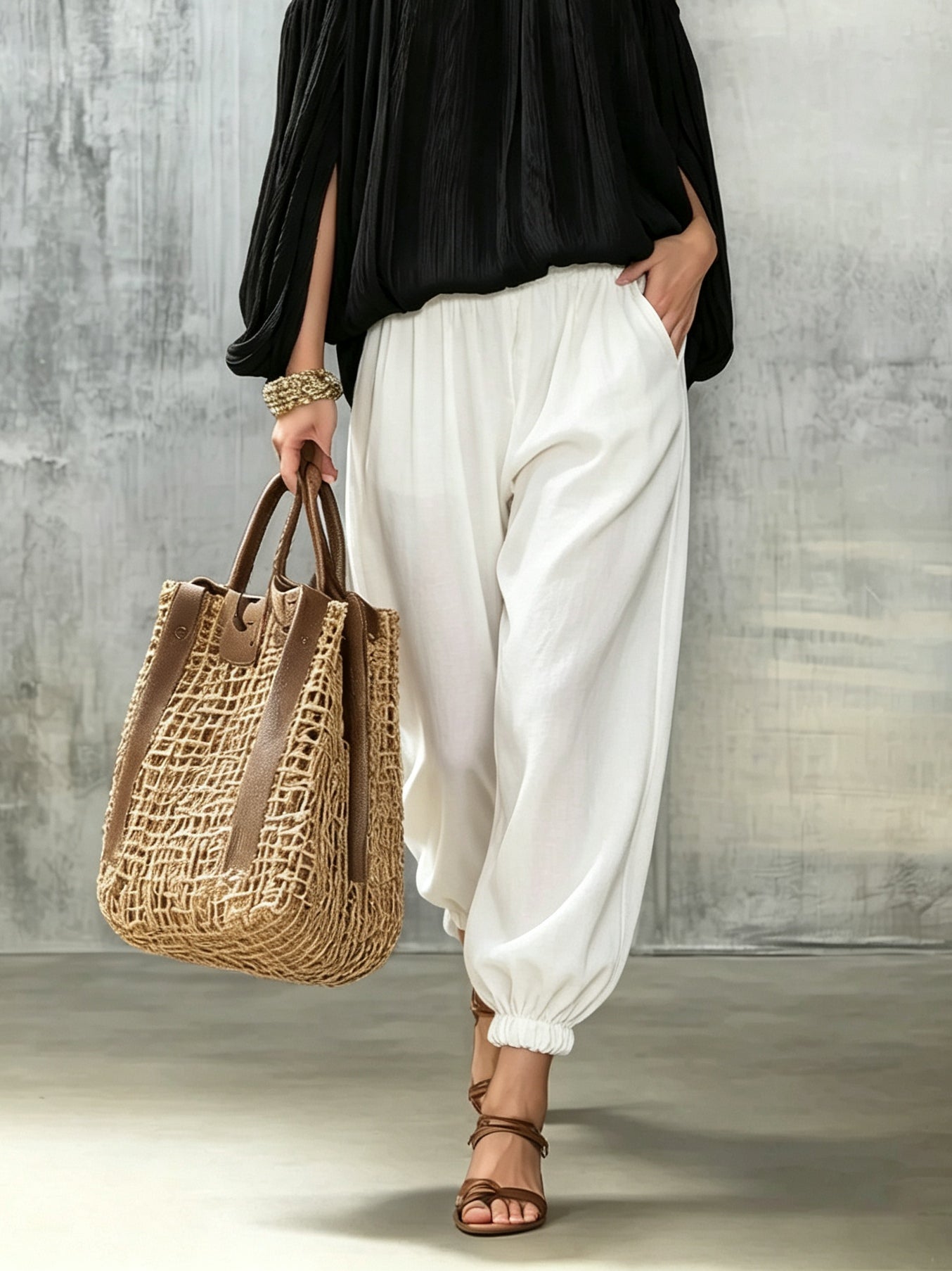 Black Pleated Off-shoulder Top And Loose-fitting Lantern Pants Suit