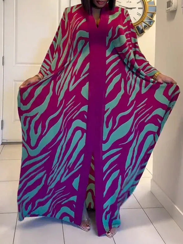 Zebra Print V-Neck Batwing Sleeve Robe Maxi Dress