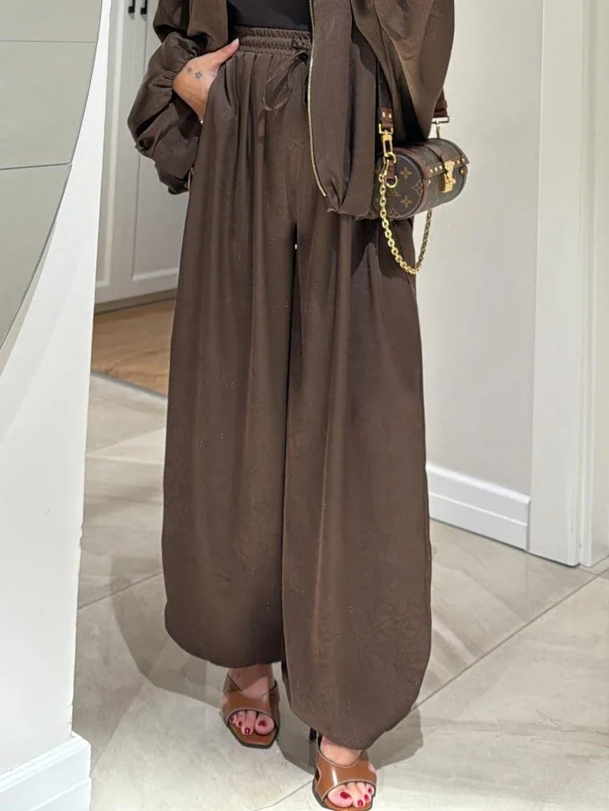 Brown Jacket + Drawstring Pants Casual Two-piece Suit