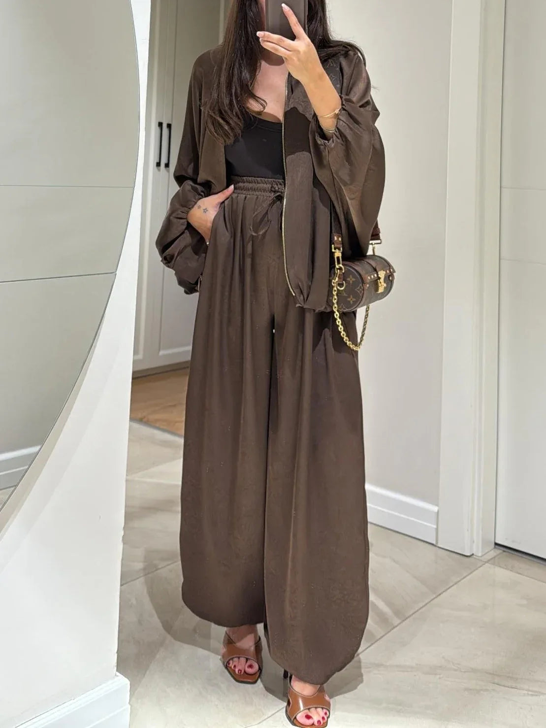 Brown Jacket + Drawstring Pants Casual Two-piece Suit