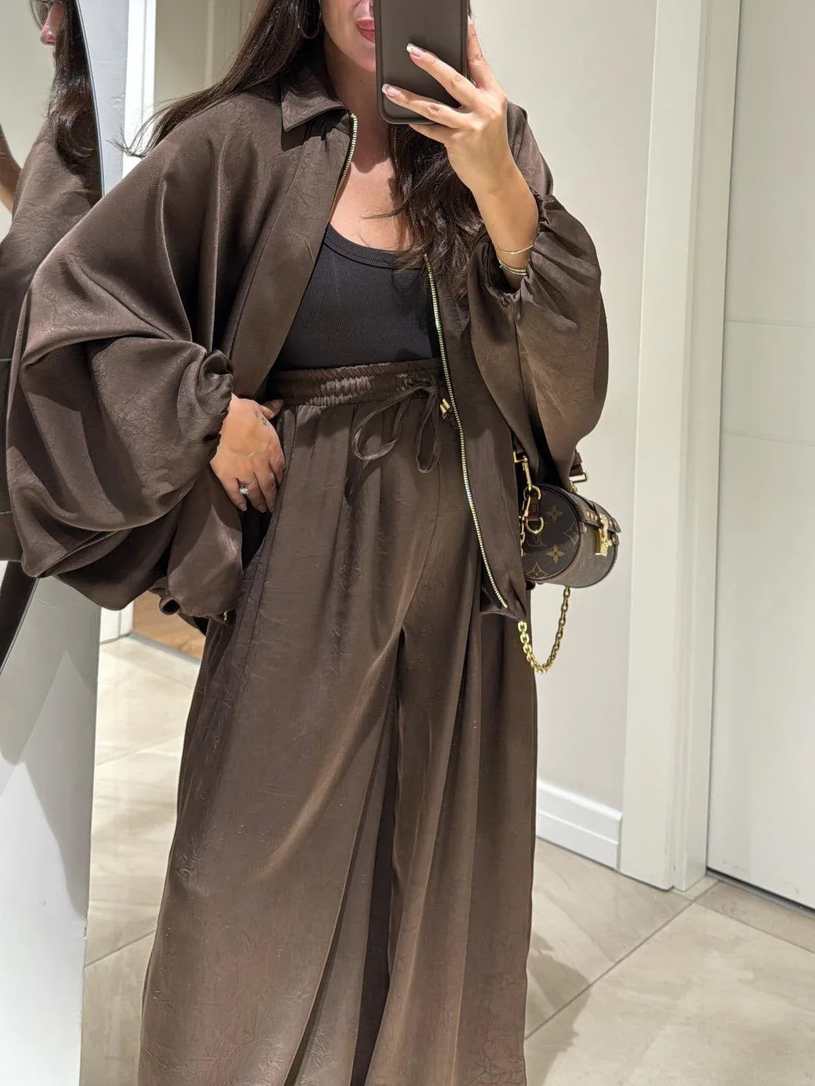 Brown Jacket + Drawstring Pants Casual Two-piece Suit