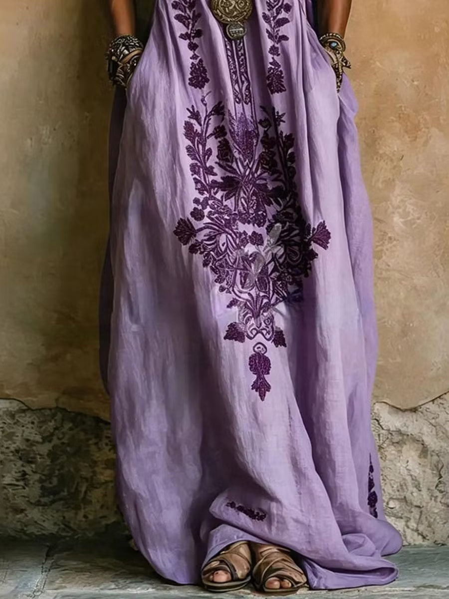 Purple printed V-neck short-sleeve loose maxi dress