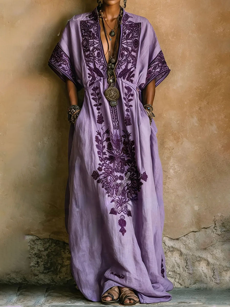 Purple printed V-neck short-sleeve loose maxi dress