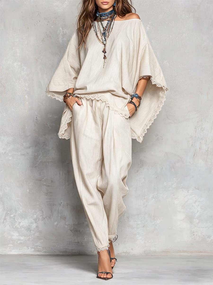Solid-Color Casual Off-the-Shoulder Top and Pants Set