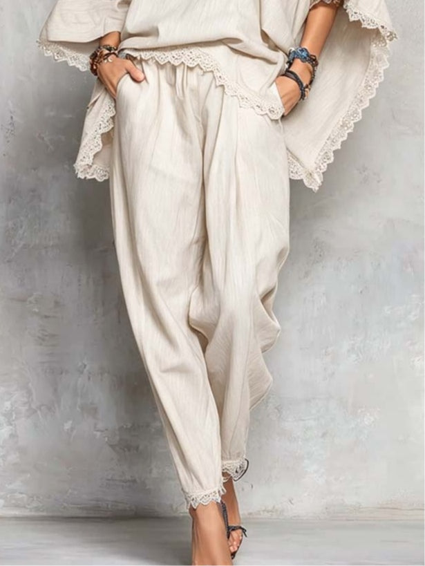 Solid-Color Casual Off-the-Shoulder Top and Pants Set