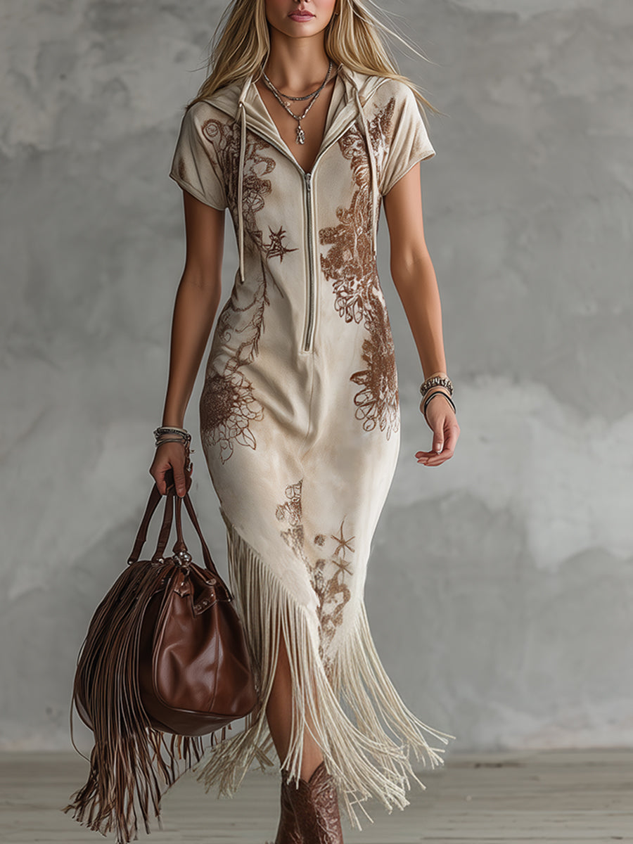Western-style Vintage Floral Off-white Faux Suede Hooded Tassel Maxi Dress
