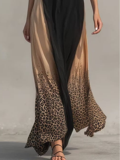 Color-block maxi camisole dress with gradient leopard print