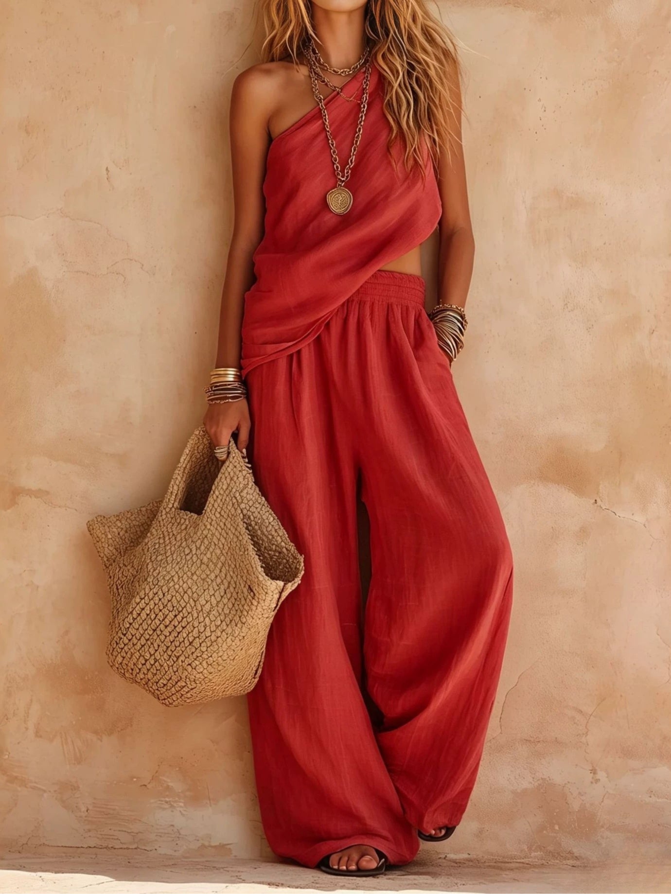 One-shoulder Sleeveless Top And Pants Casual Set