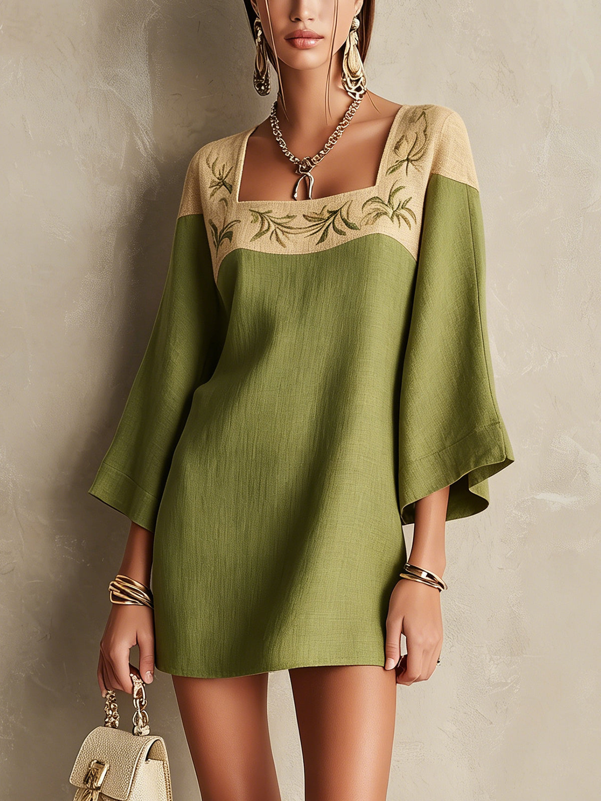 Elegant Green and Beige Embroidered Square-Neck Mini Dress