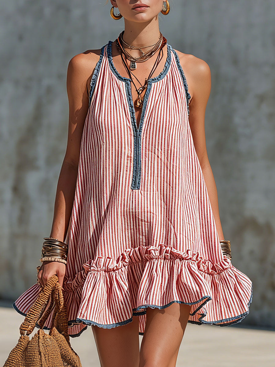 Retro Red and White Striped Ruffled Sleeveless Mini Dress
