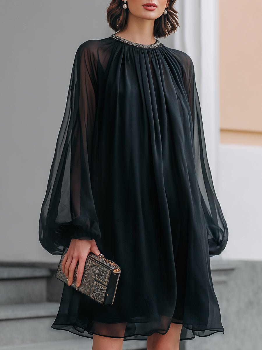 Sheer Chiffon Long Sleeve Smocked Neck Mini Dress