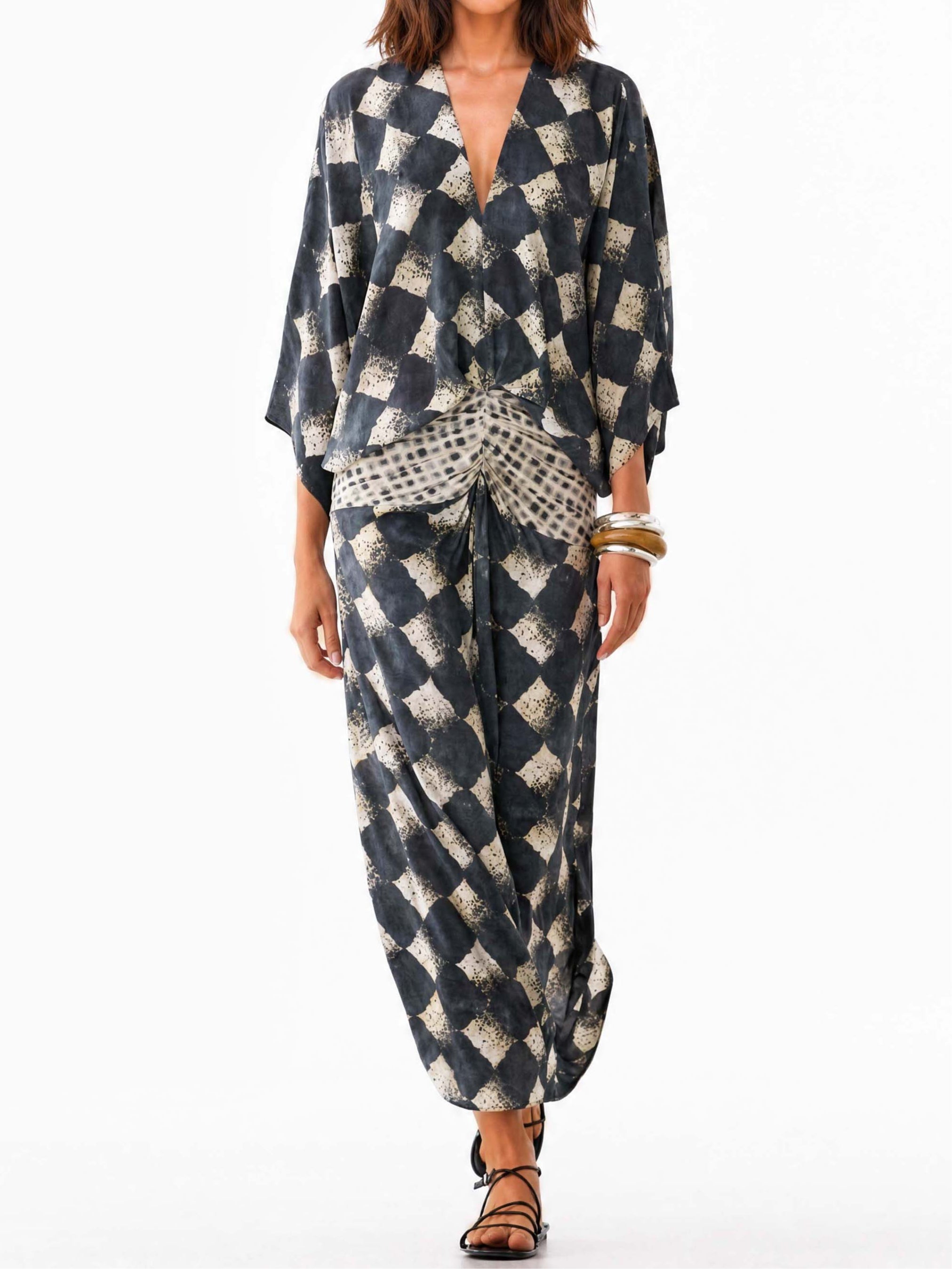 Casual Abstract Checkered Print Kimono-Sleeve Maxi Dress