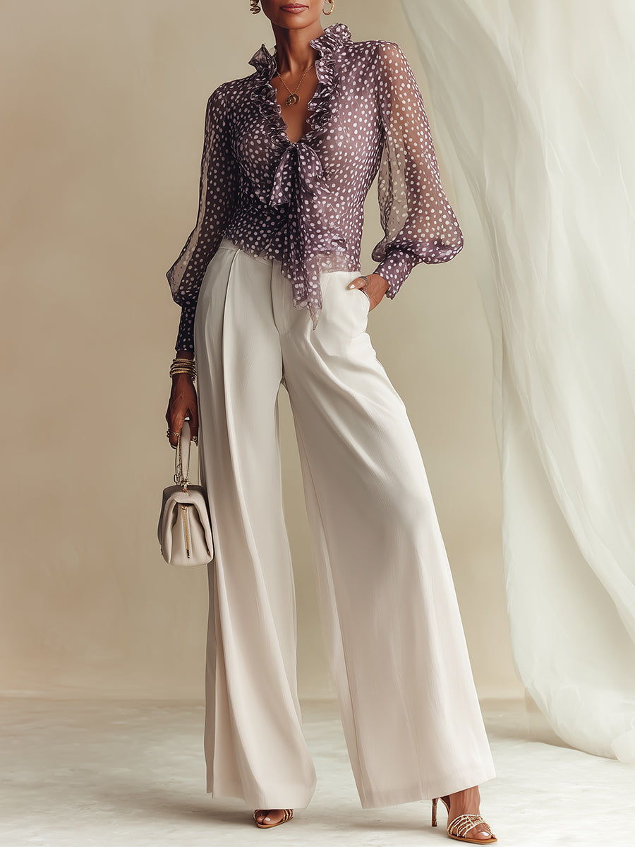 Purple Polka-Dot Chiffon Shirt and Pants Set