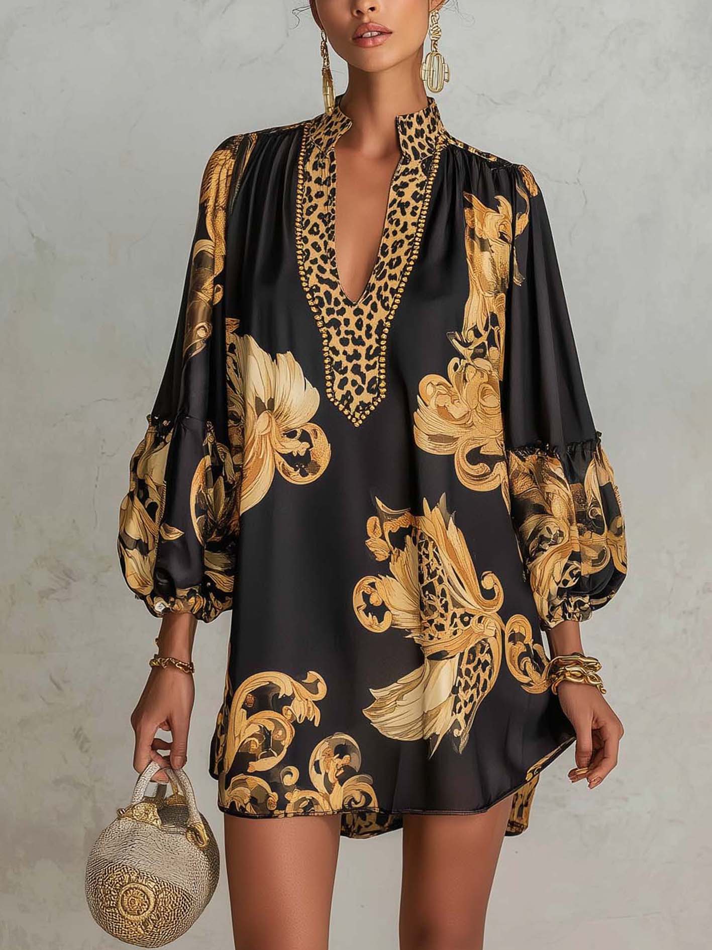 Black Retro Baroque-Print V-Neck Mini Dress