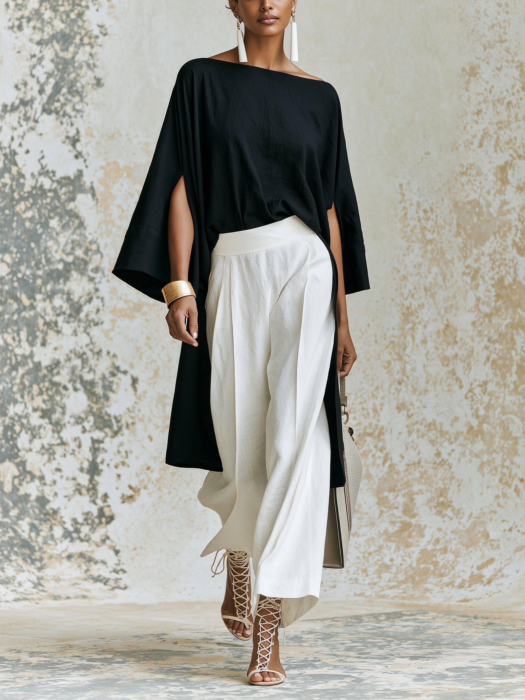 Elegant black asymmetrical top and white wide-leg pants set