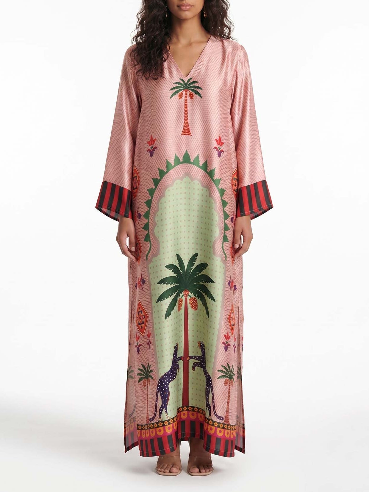 Vacation Printed Satin Maxi Dress with Side Slits