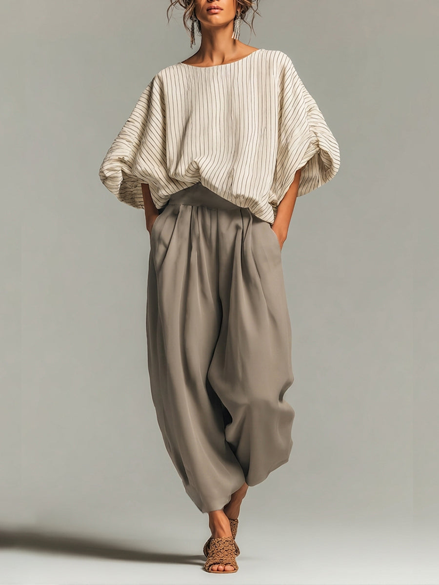 Beige Fine-Striped Top and Long Pants Set