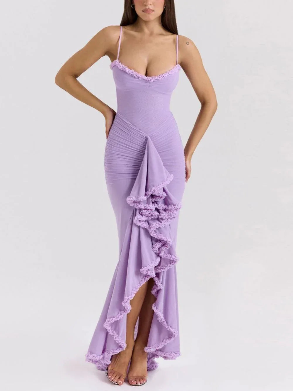Off-the-shoulder mesh maxi dress