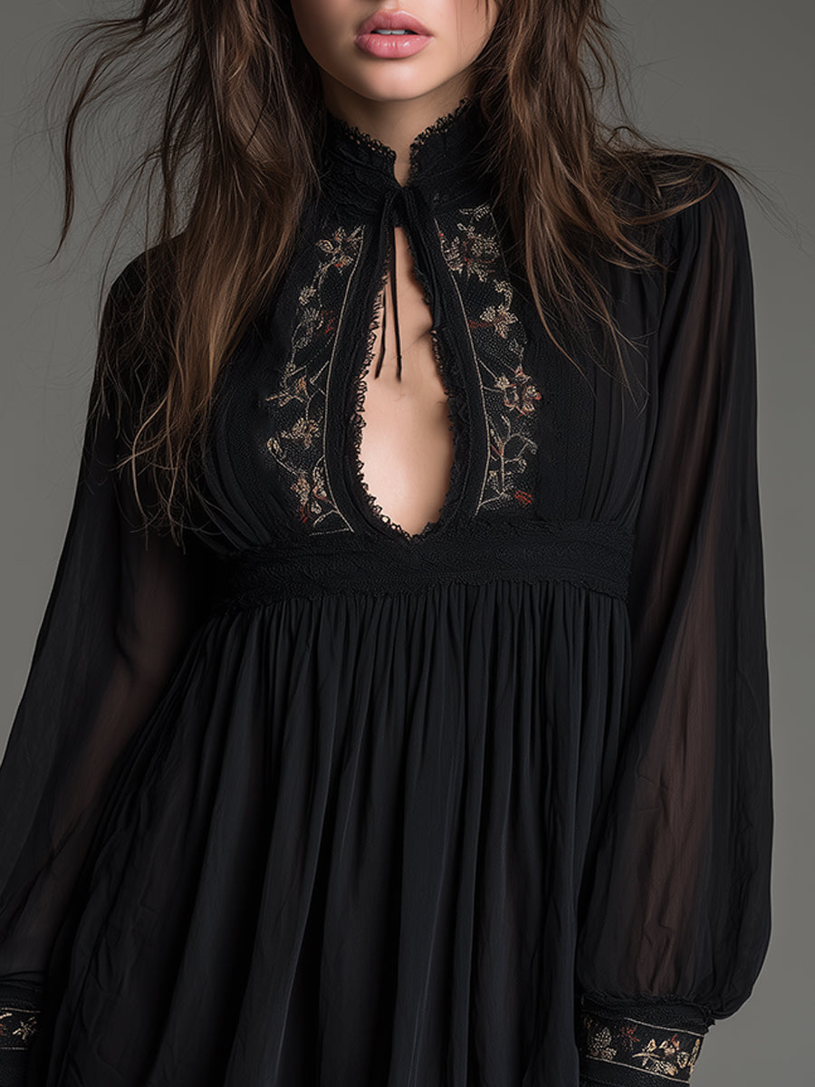 Black Bohemian Embroidered Chiffon Mini Dress