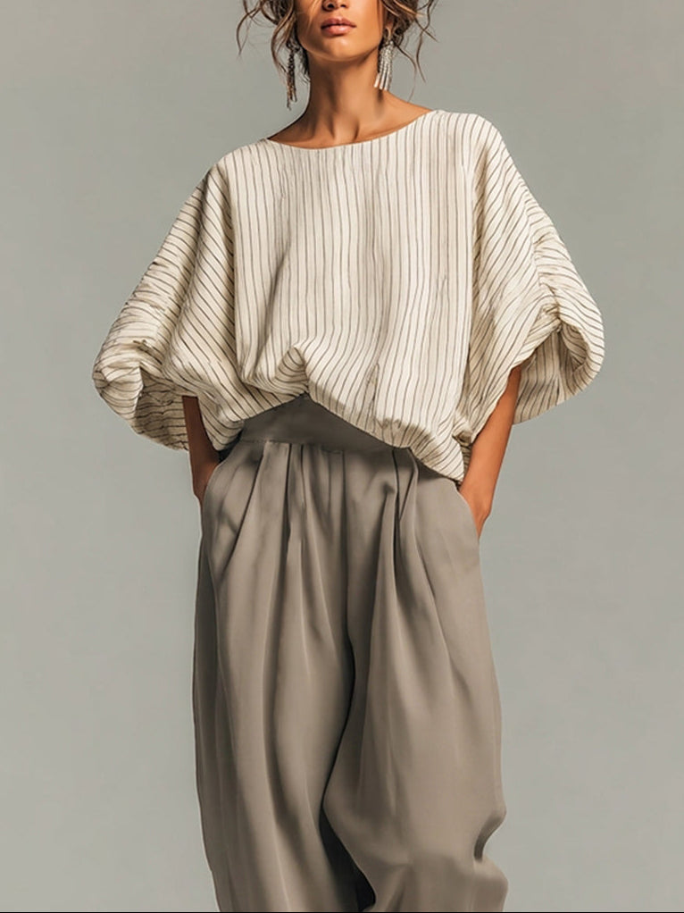 Beige Fine-Striped Top and Long Pants Set