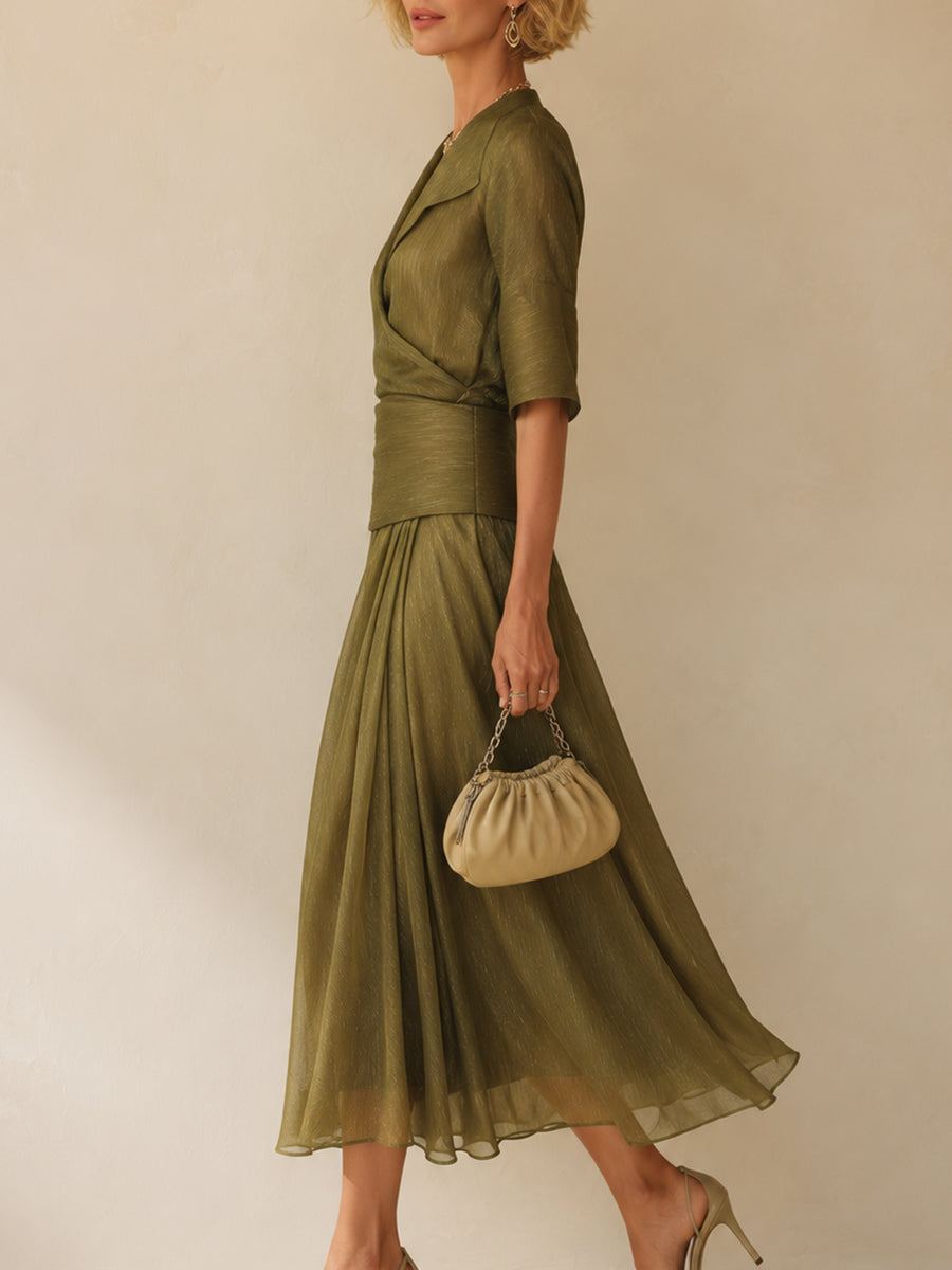 Elegant Short-Sleeve Shirt and Skirt Set with a Notched Collar