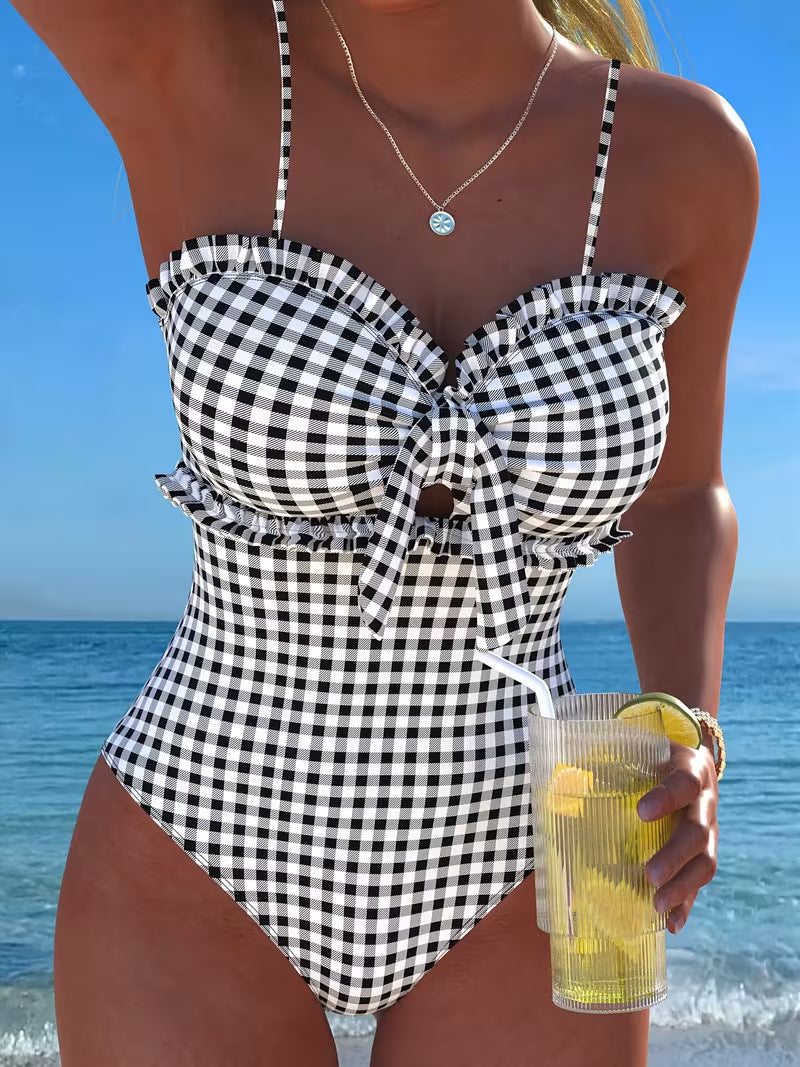 Slimming Strapless Striped and Checkered One-Piece Swimsuit