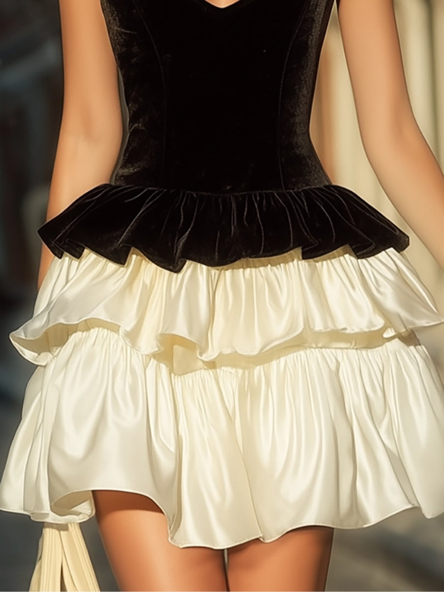 Elegant black velvet and white satin ruffle mini dress