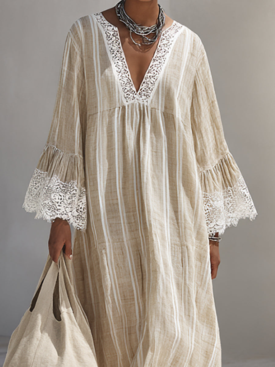Minimalist striped maxi dress with lace-trim paneling