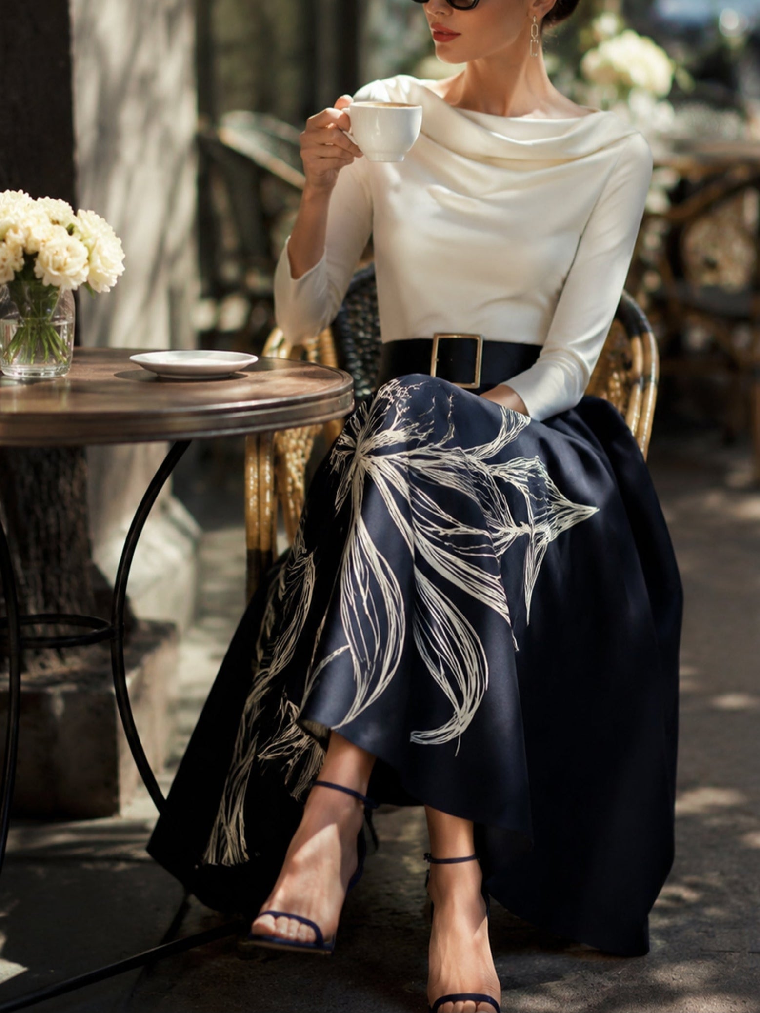 Elegant Layered Top and Printed Midi Skirt Set (Belt Included)