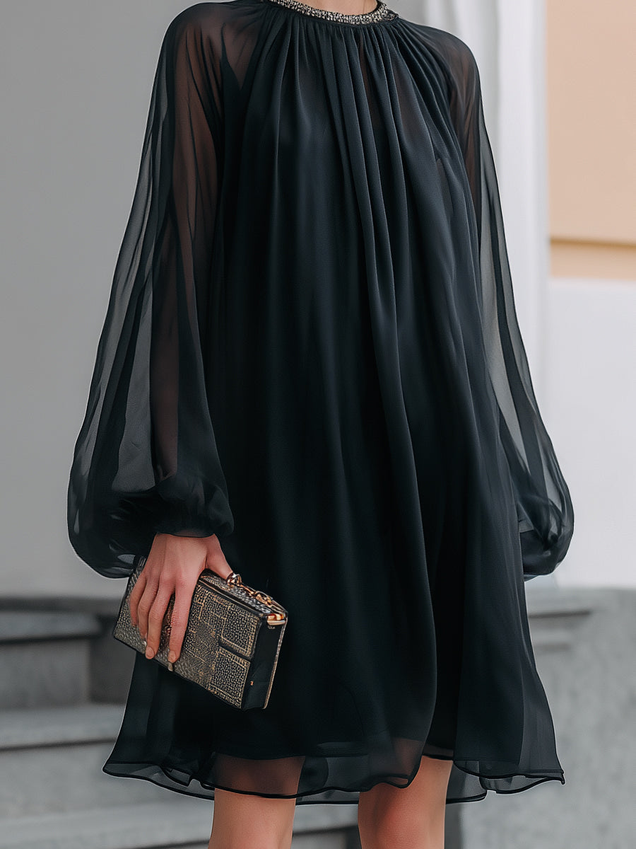 Sheer Chiffon Long Sleeve Smocked Neck Mini Dress
